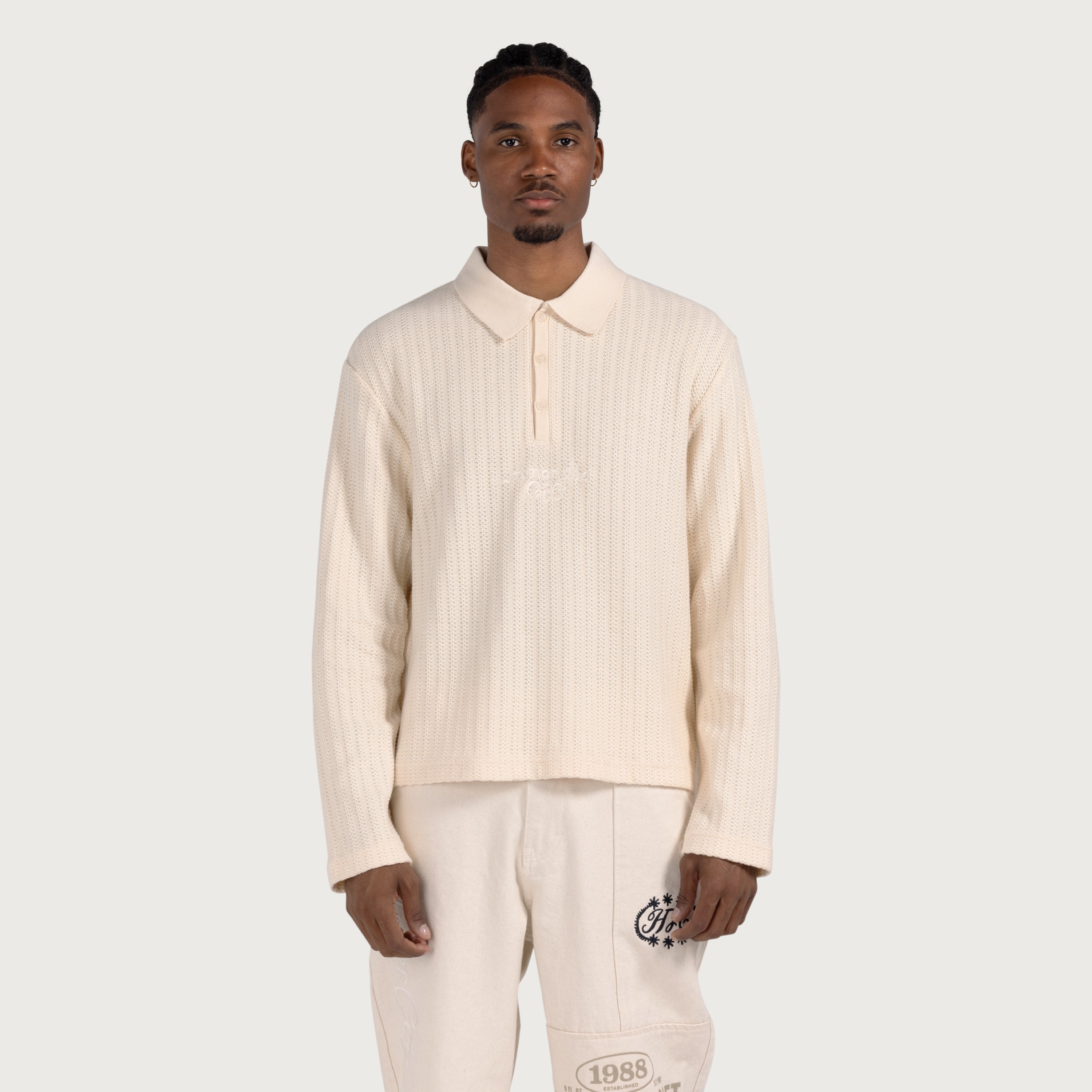 Long Sleeve Knit Polo - Bone