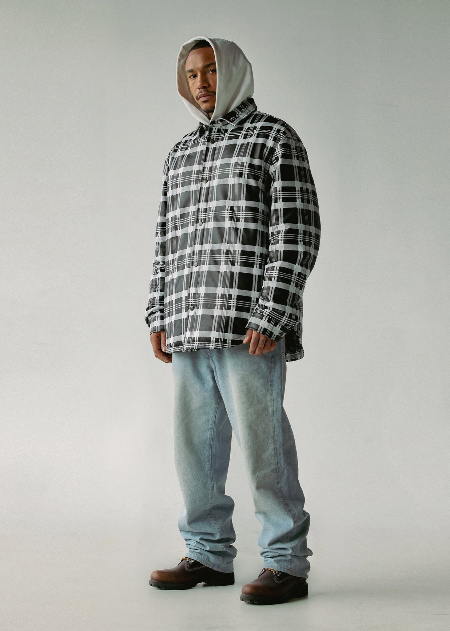 PLAID LEATHER PUFFER SHIRT | BLACK+WHITE