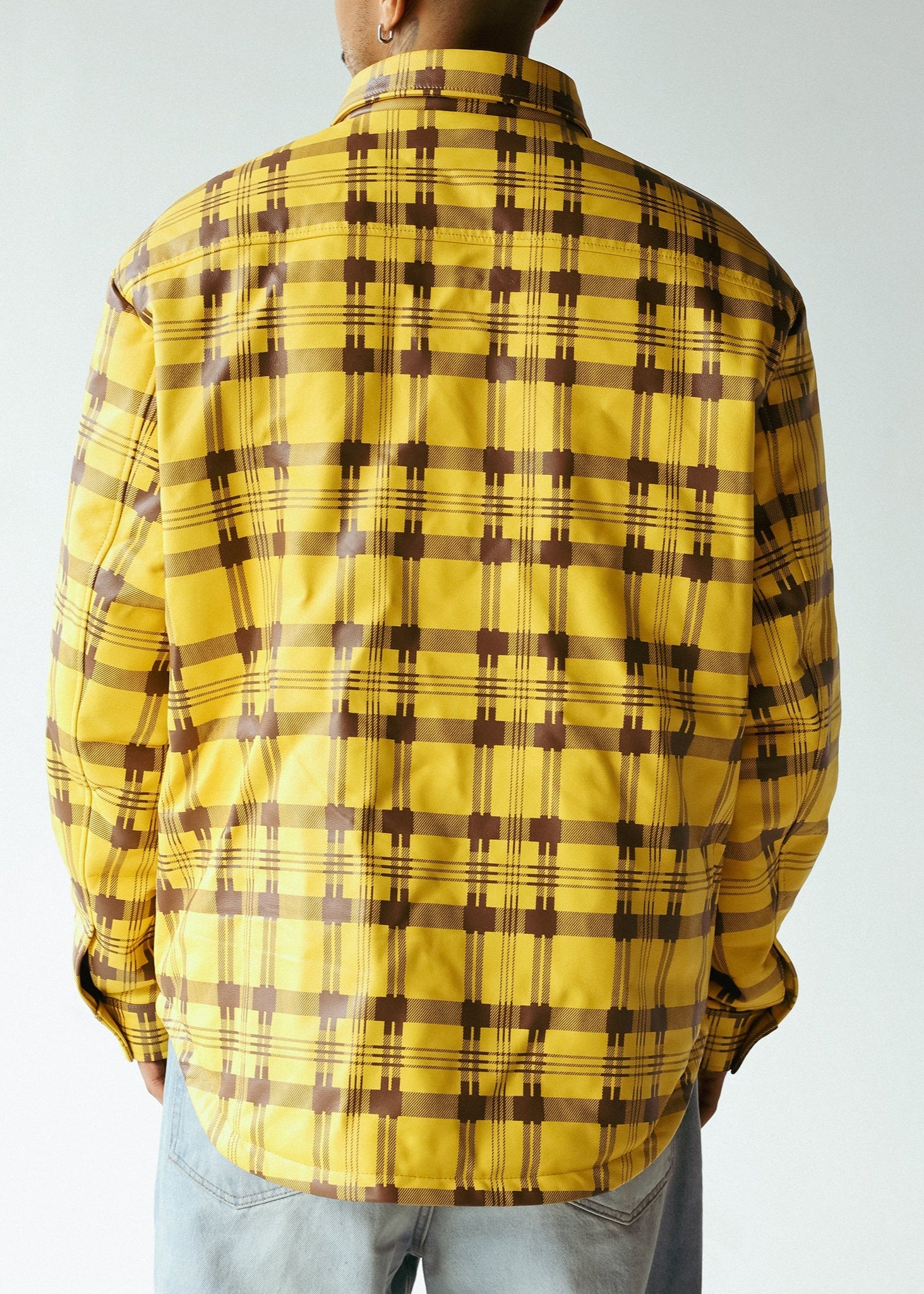 PLAID LEATHER PUFFER SHIRT | YELLOW+BROWN