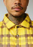 PLAID LEATHER PUFFER SHIRT | YELLOW+BROWN