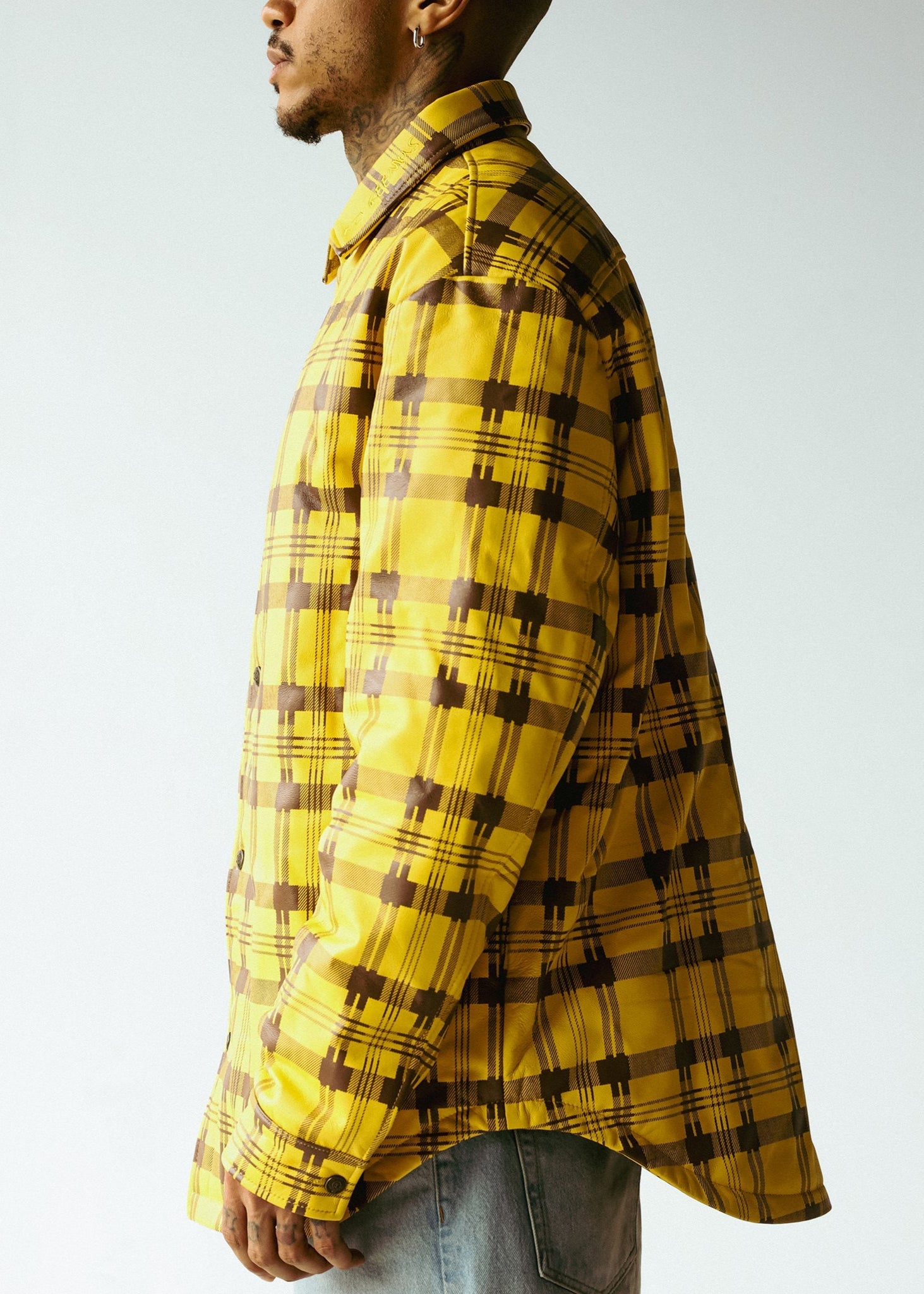 PLAID LEATHER PUFFER SHIRT | YELLOW+BROWN