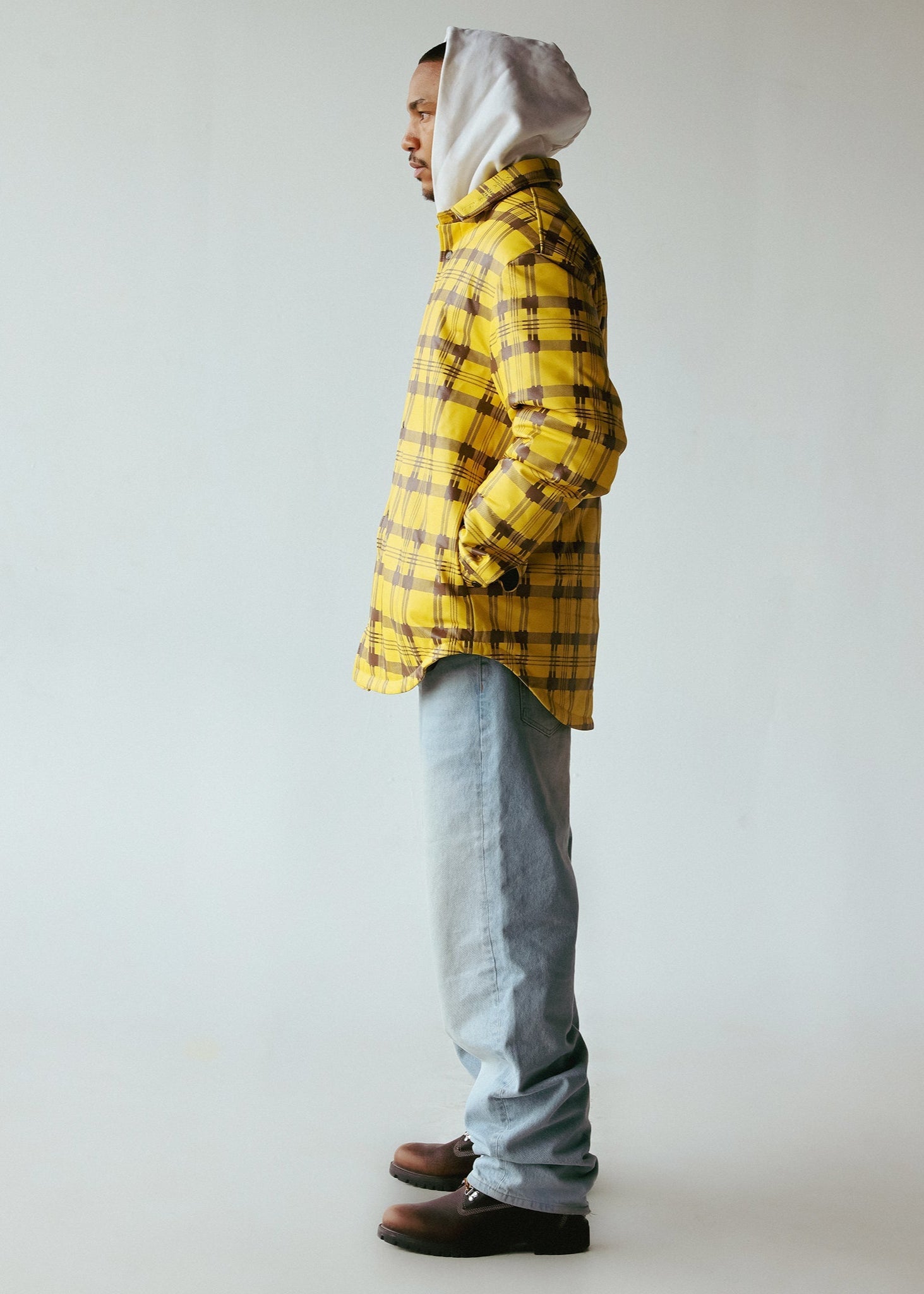 PLAID LEATHER PUFFER SHIRT | YELLOW+BROWN