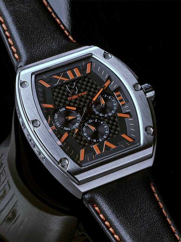 MJ121LB - MAJOR POLISHED SILVER / ORANGE / LEATHER BAND