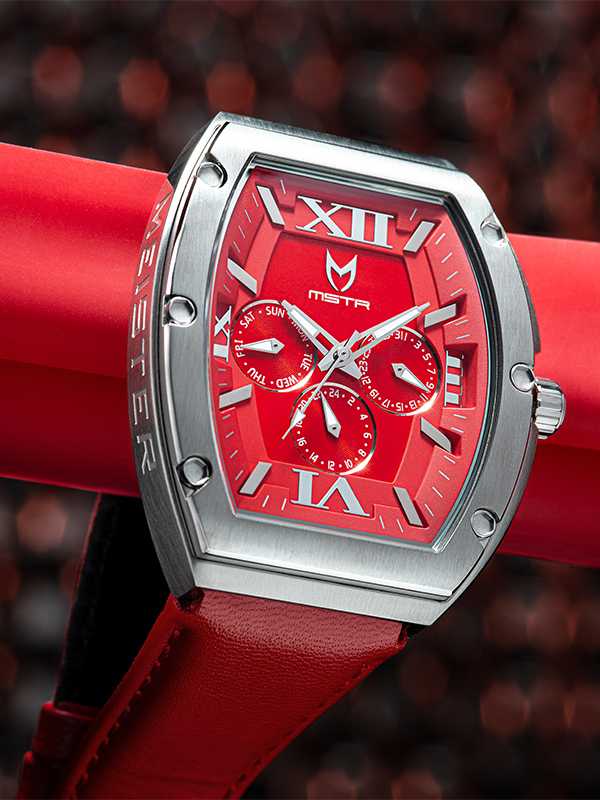 MJ128LB - MAJOR SILVER / RED / LEATHER STRAP