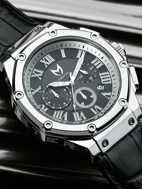 AM1017CB - AMBASSADOR SILVER / BLACK W/ LEATHER STRAP