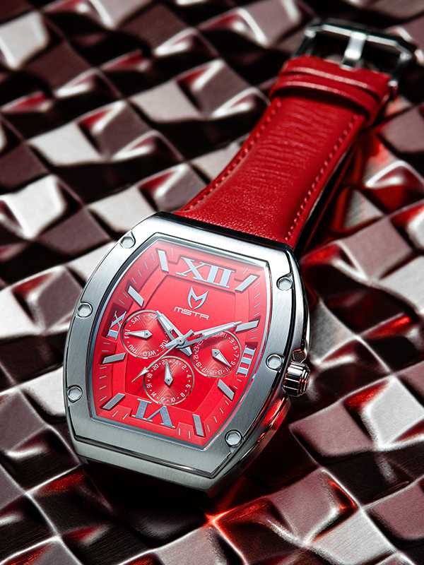 MJ128LB - MAJOR SILVER / RED / LEATHER STRAP
