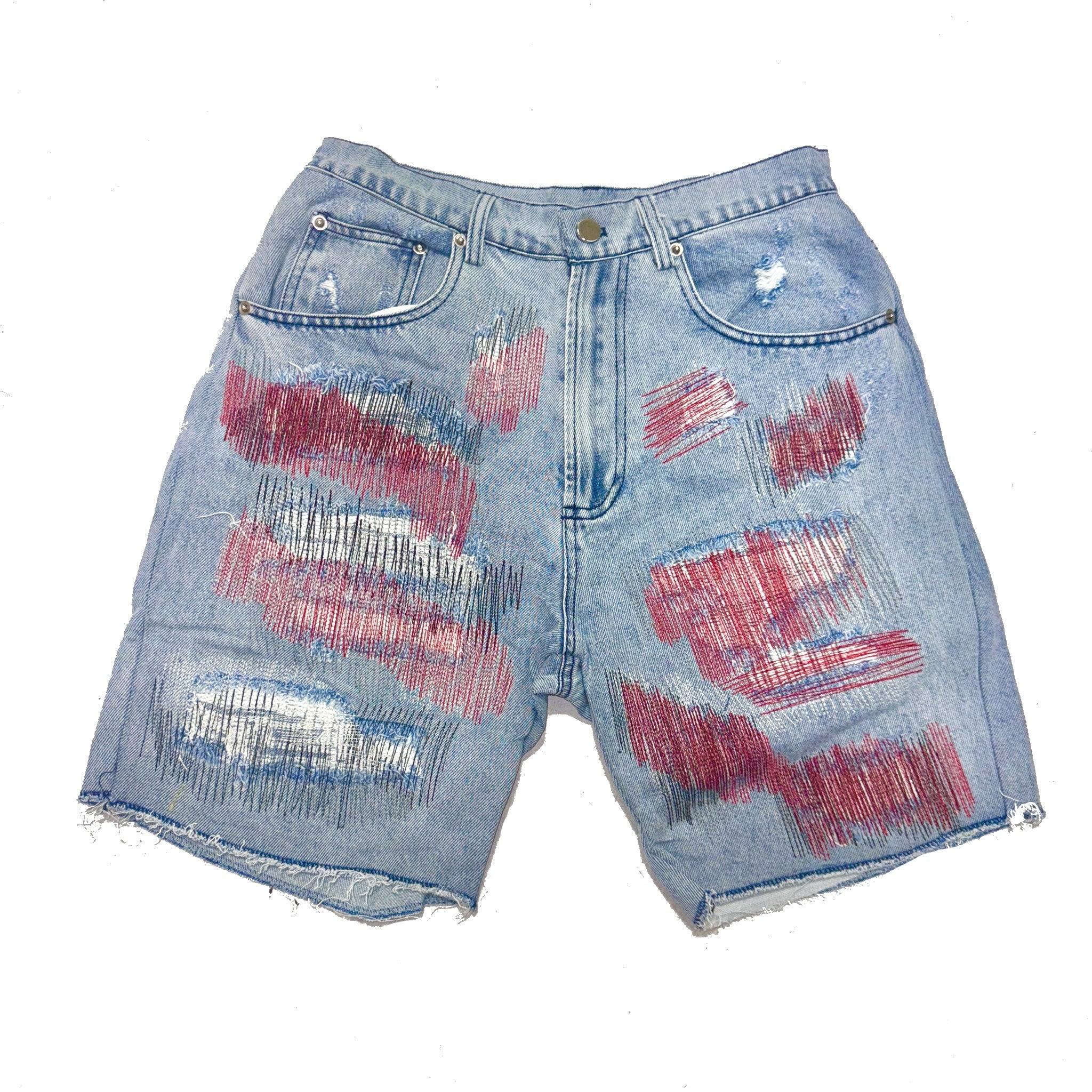 Red Distressed Denim Shorts