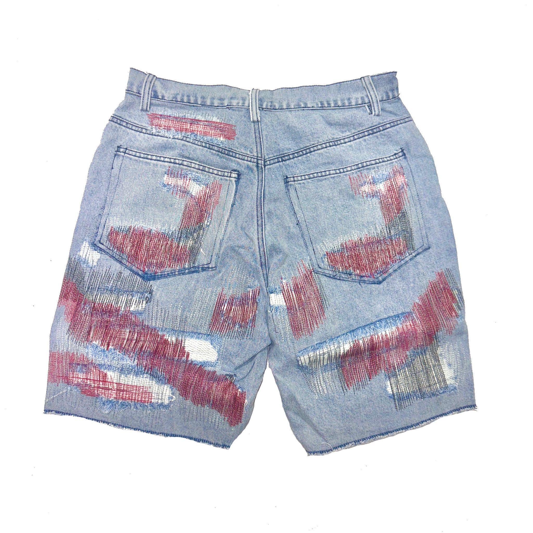 Red Distressed Denim Shorts