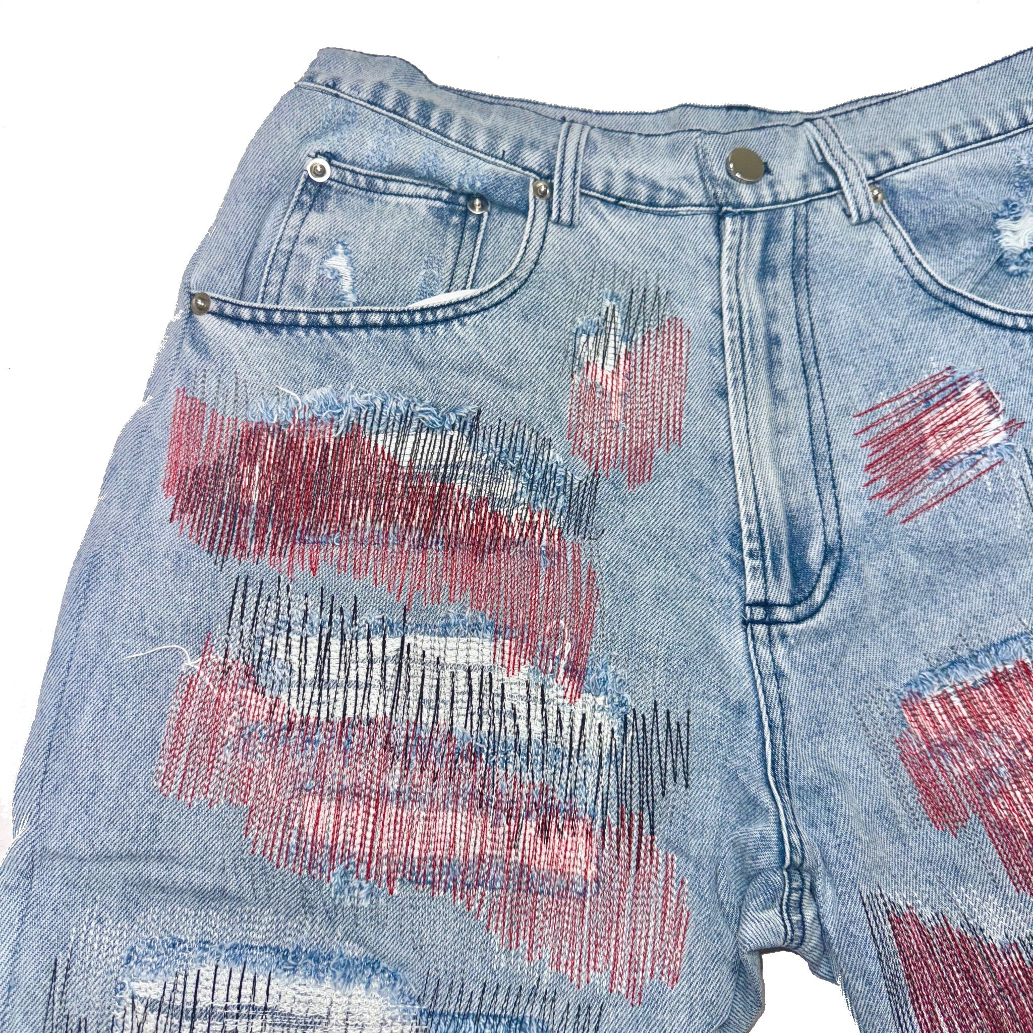 Red Distressed Denim Shorts