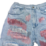 Red Distressed Denim Shorts