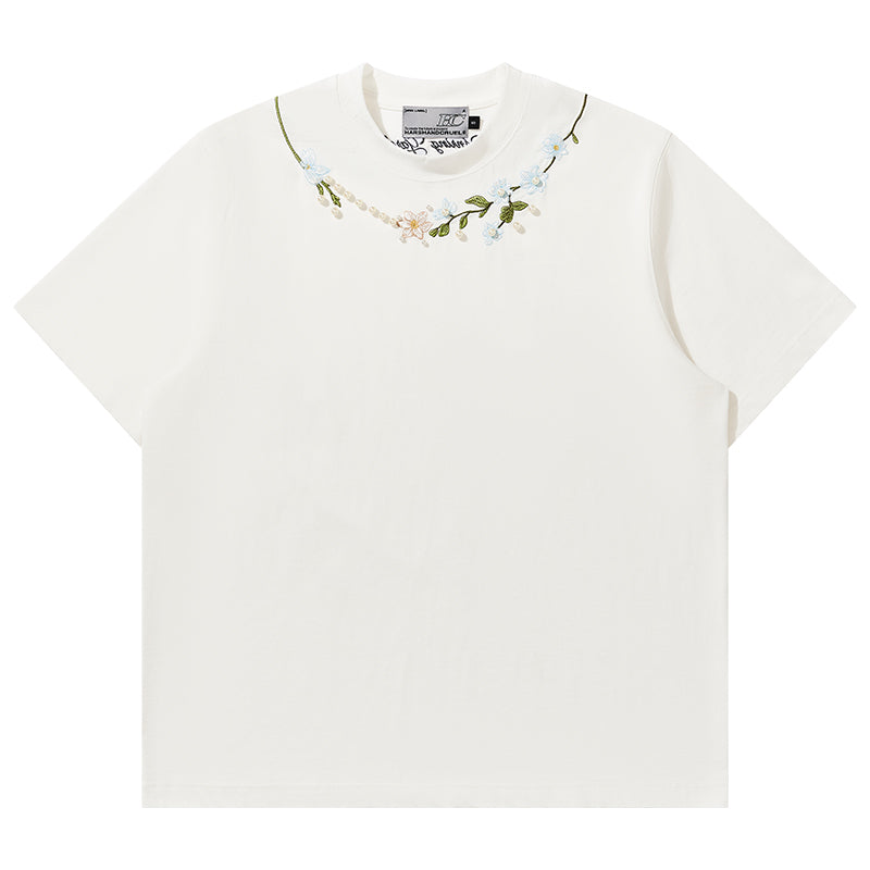 Floral Collar Pearl Embroidered Tee