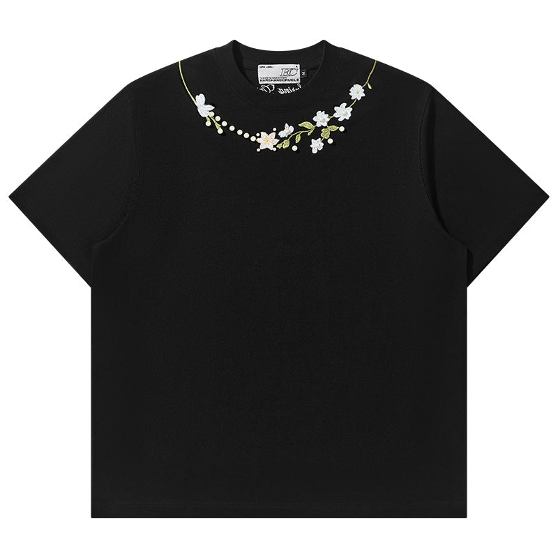 Floral Collar Pearl Embroidered Tee