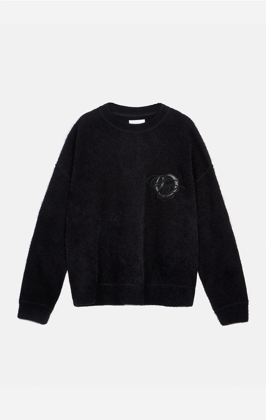 LEATHER APPLIQUE KNIT SWEATSHIRT