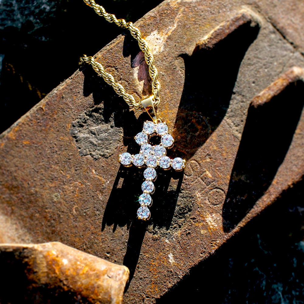 Micro Diamond Ankh Gold Necklace Pendant & Rope Gold Chain