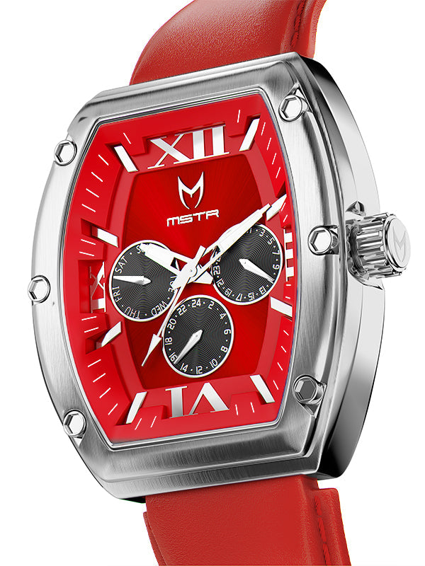 MJ128LB - MAJOR SILVER / RED / LEATHER STRAP