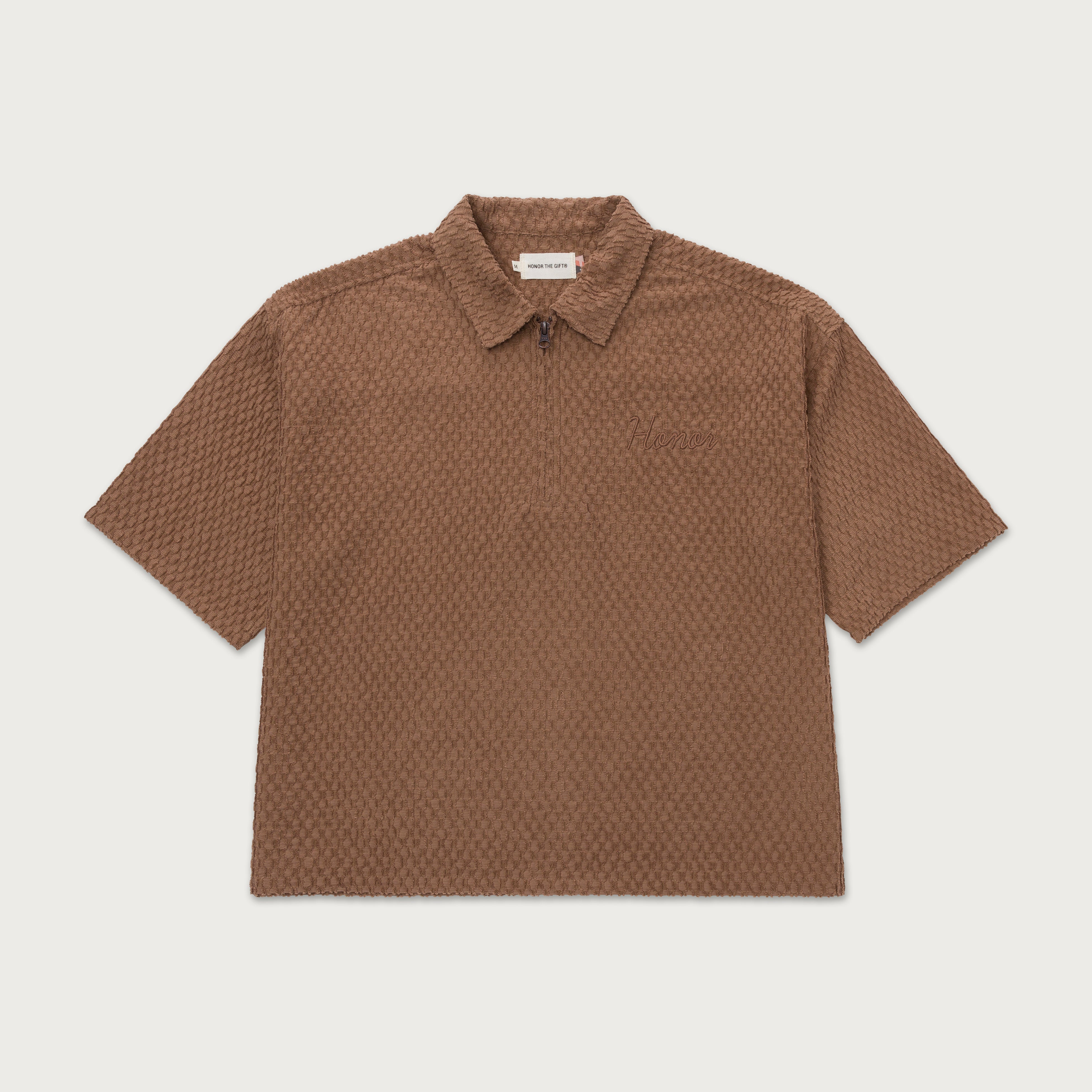 Textured Knit Qtr Zip - Brown