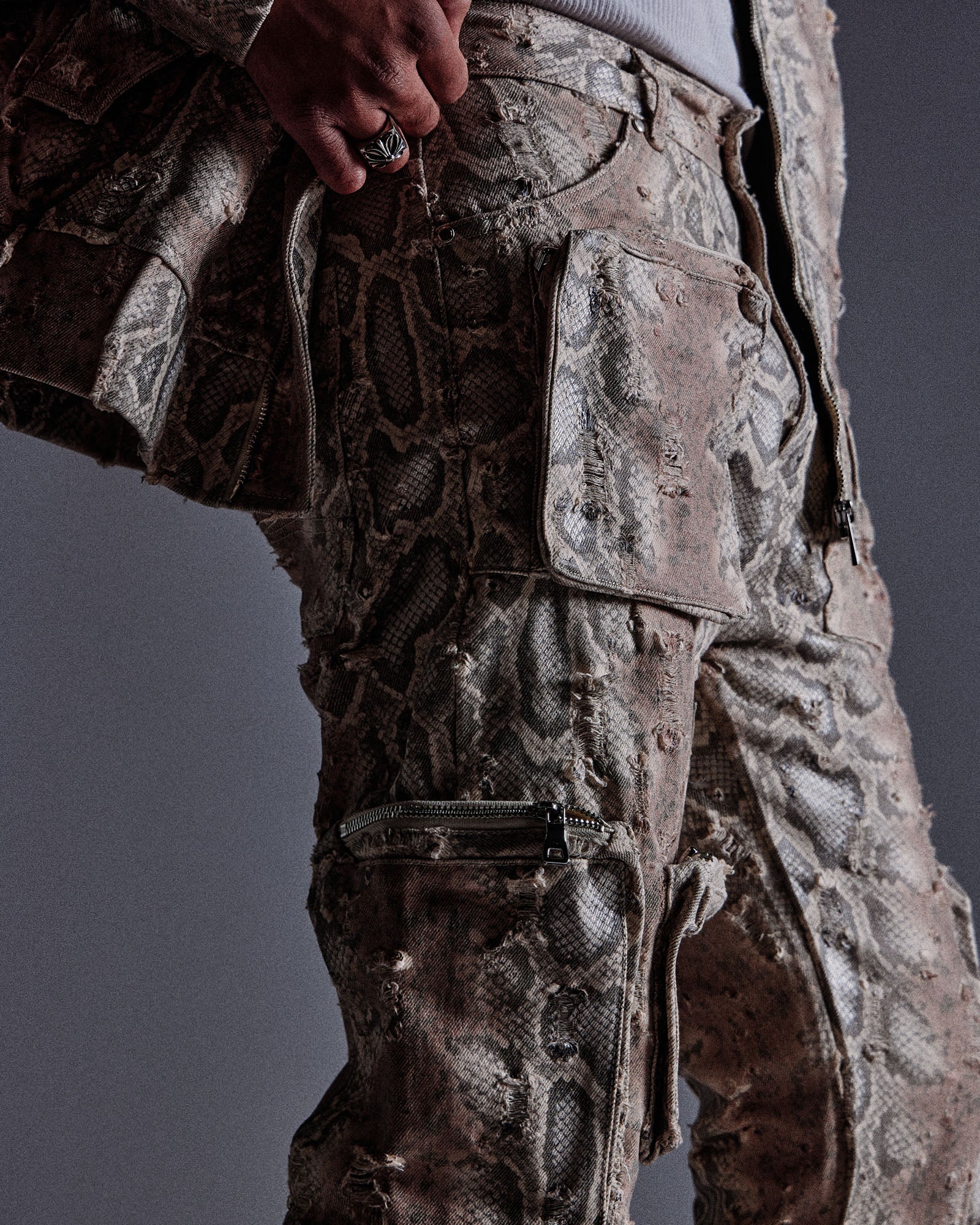 "Ahmanson" Denim Snakeskin Flared Cargo Pant (Brown)