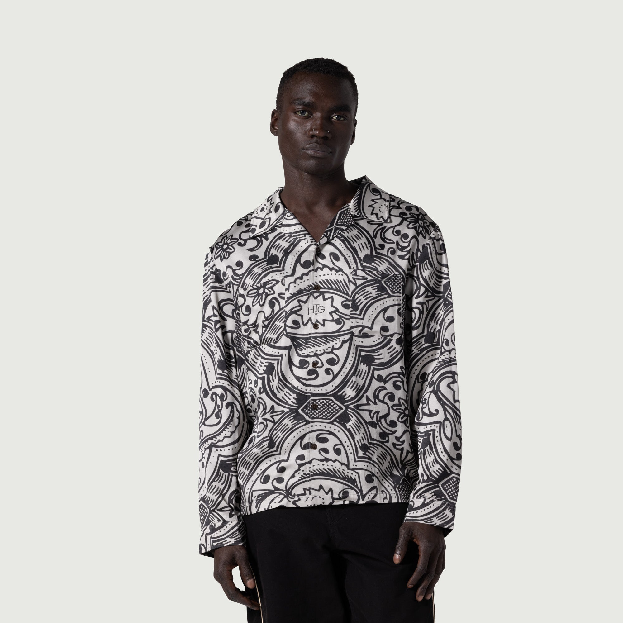 L/S Printed Woven Button Up - Black