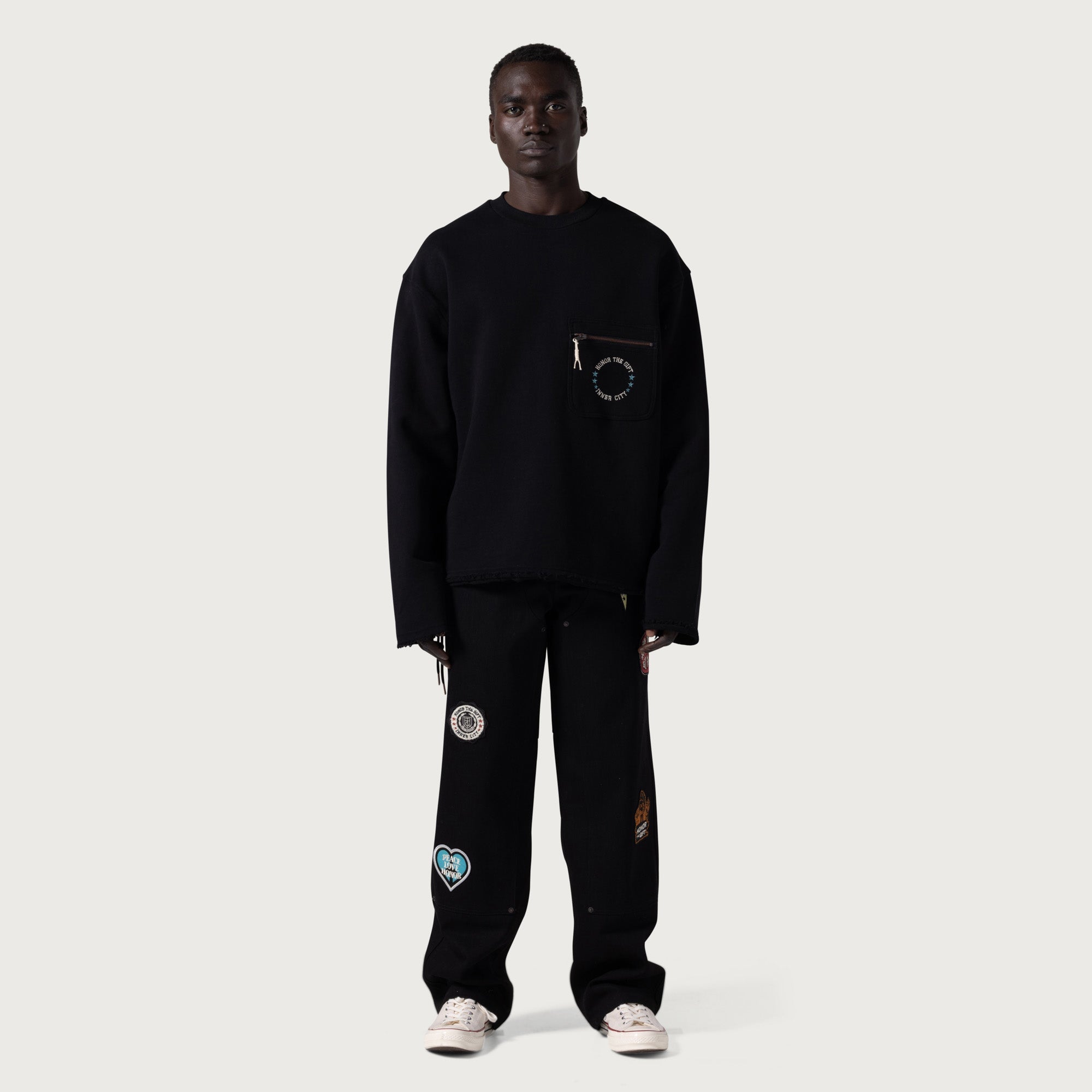 Pocket Pullover Crewneck Sweater - Black