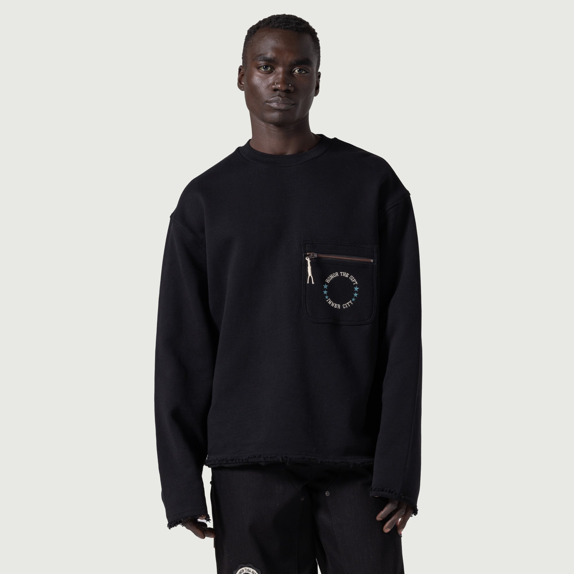 Pocket Pullover Crewneck Sweater - Black