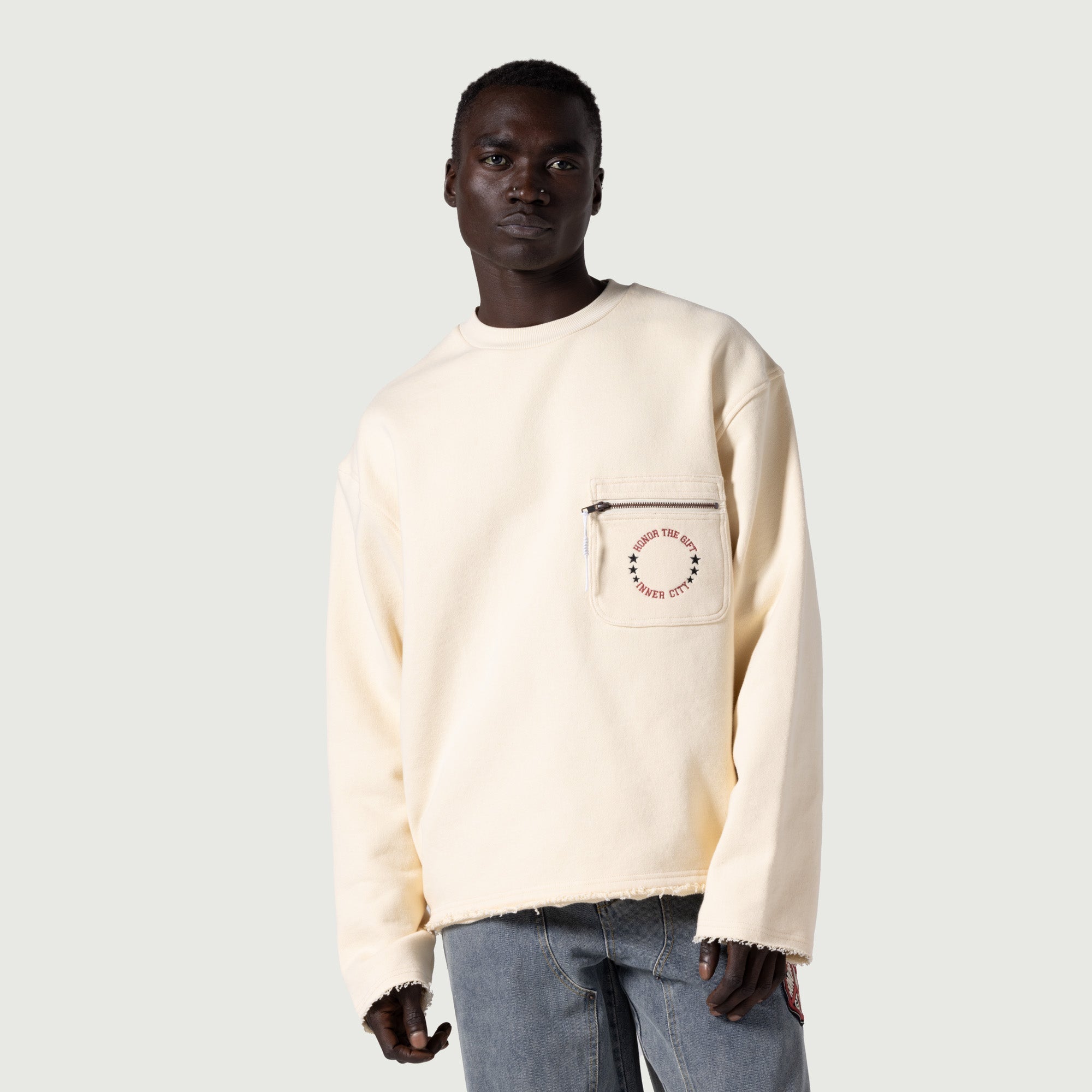 Pocket Pullover Crewneck Sweater - Bone
