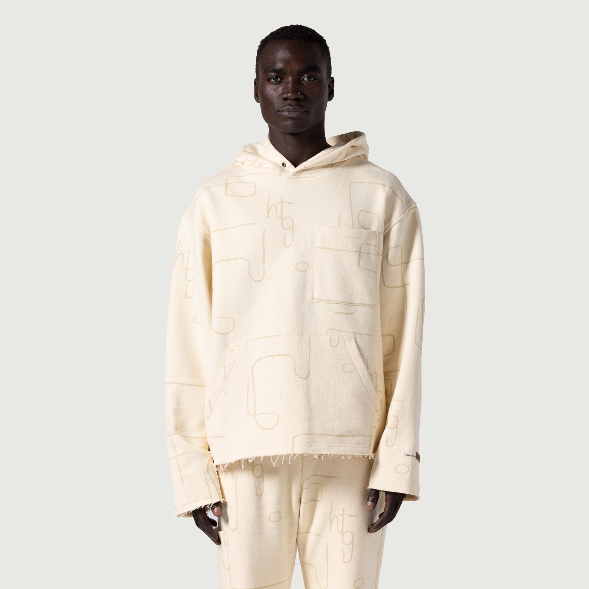 Novelty Printed Terry Hoodie - Bone