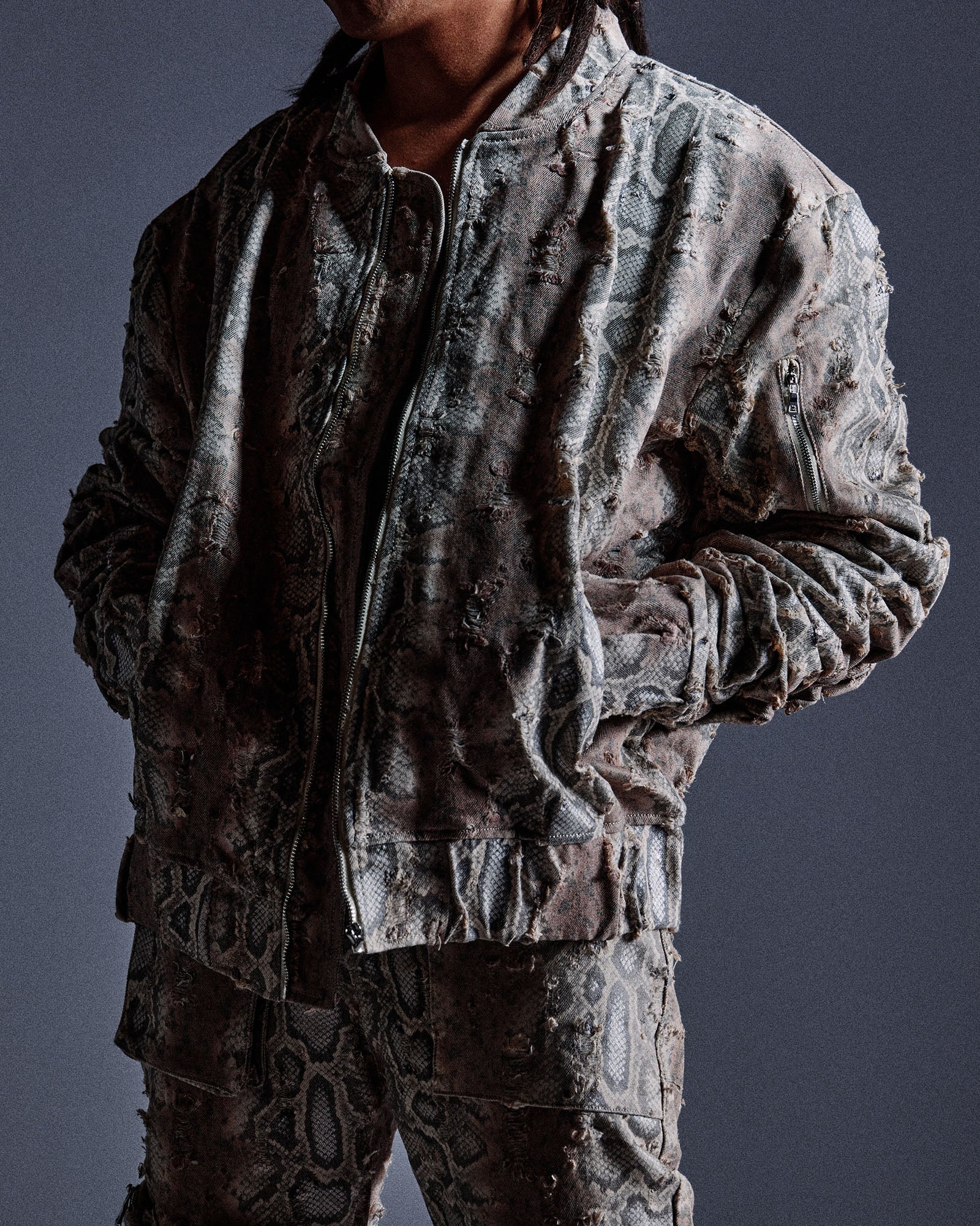 "Balboa" Denim Snakeskin Bomber (Brown)