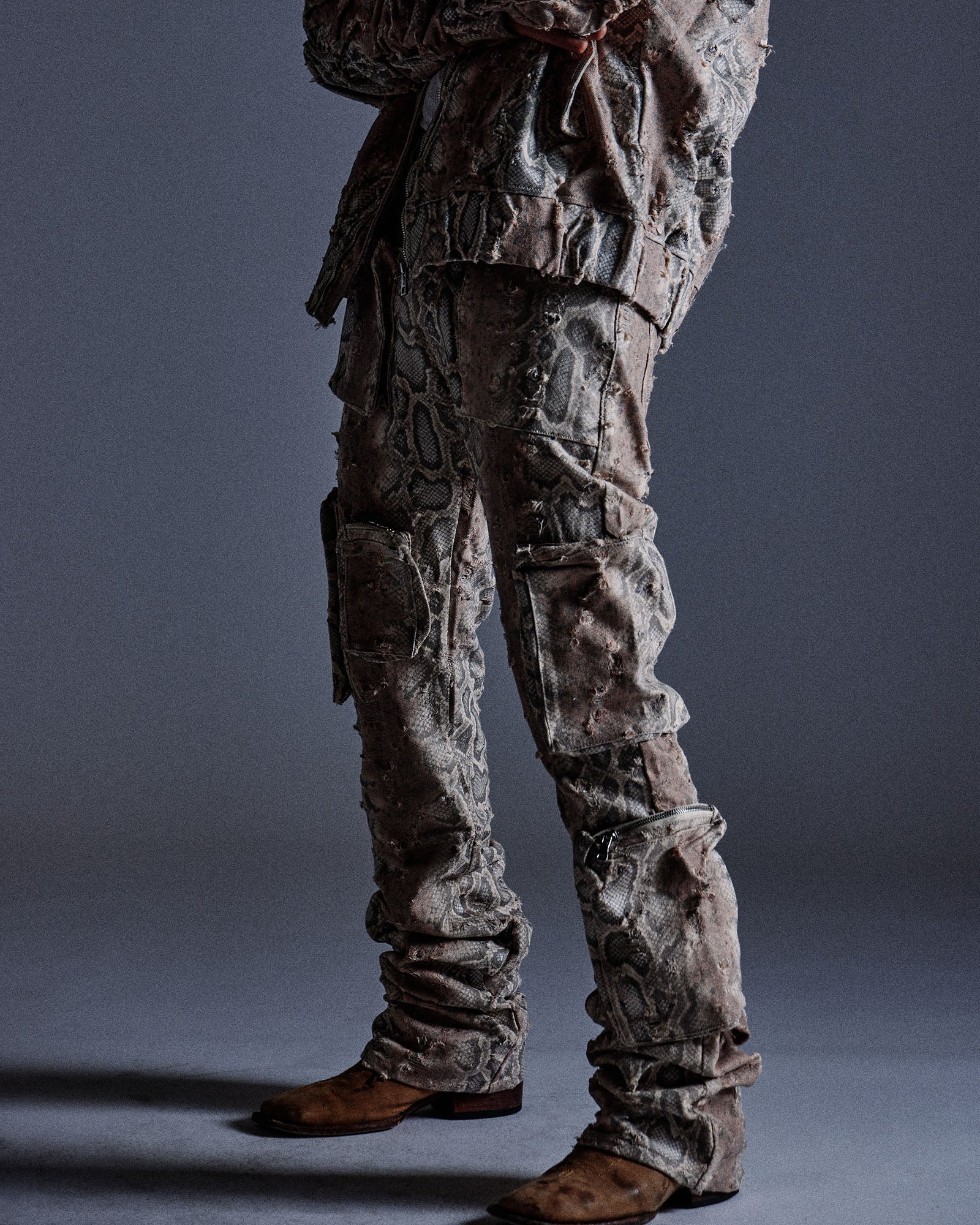 "Ahmanson" Denim Snakeskin Flared Cargo Pant (Brown)