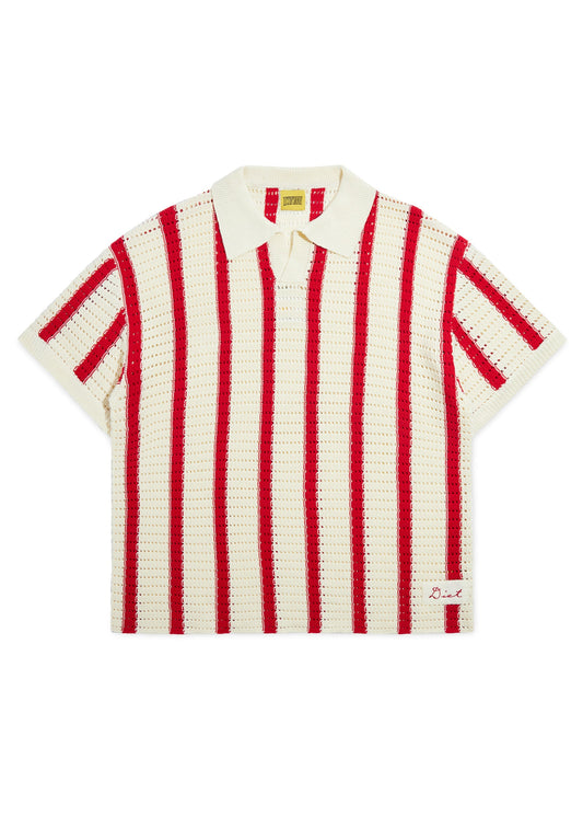 Striped Crochet Polo - Red