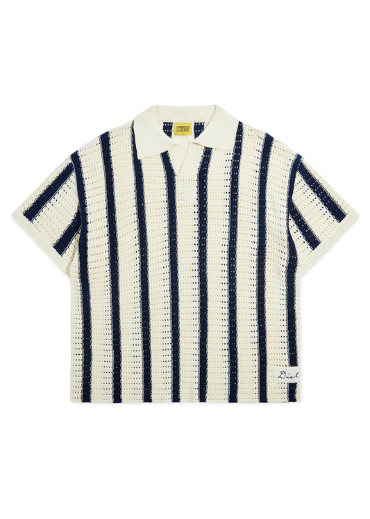Striped Crochet Polo - Navy