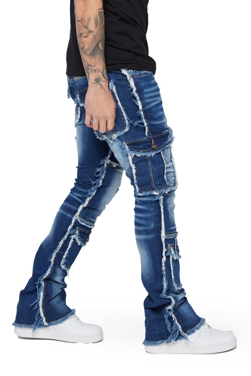 "AERERINE" STACKED FLARE JEAN DARK BLUE WASHED