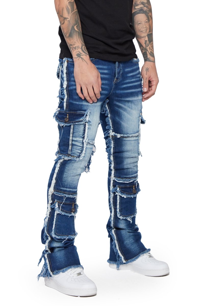 "AERERINE" STACKED FLARE JEAN DARK BLUE WASHED