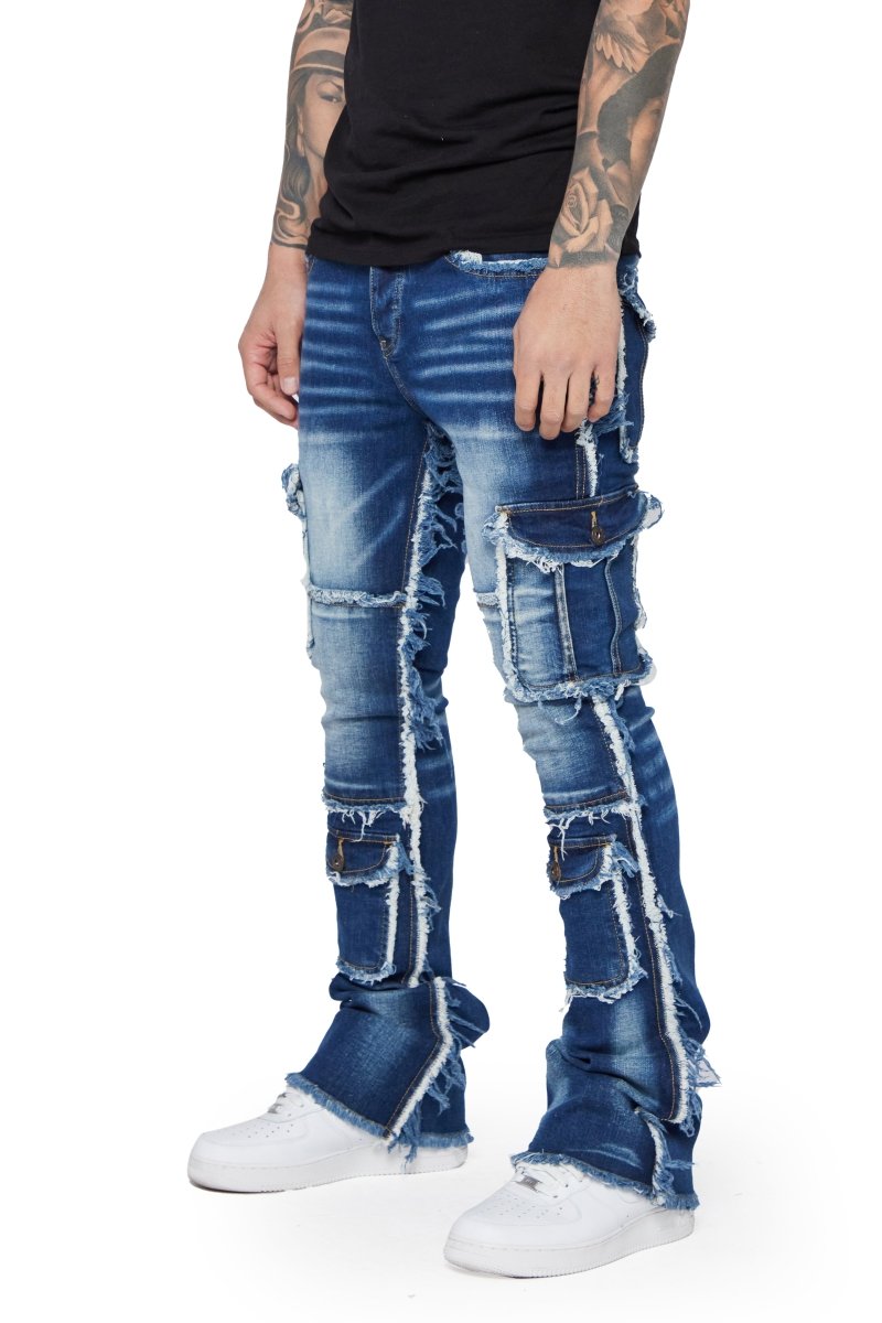 "AERERINE" STACKED FLARE JEAN DARK BLUE WASHED