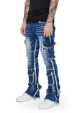 "AERERINE" STACKED FLARE JEAN DARK BLUE WASHED