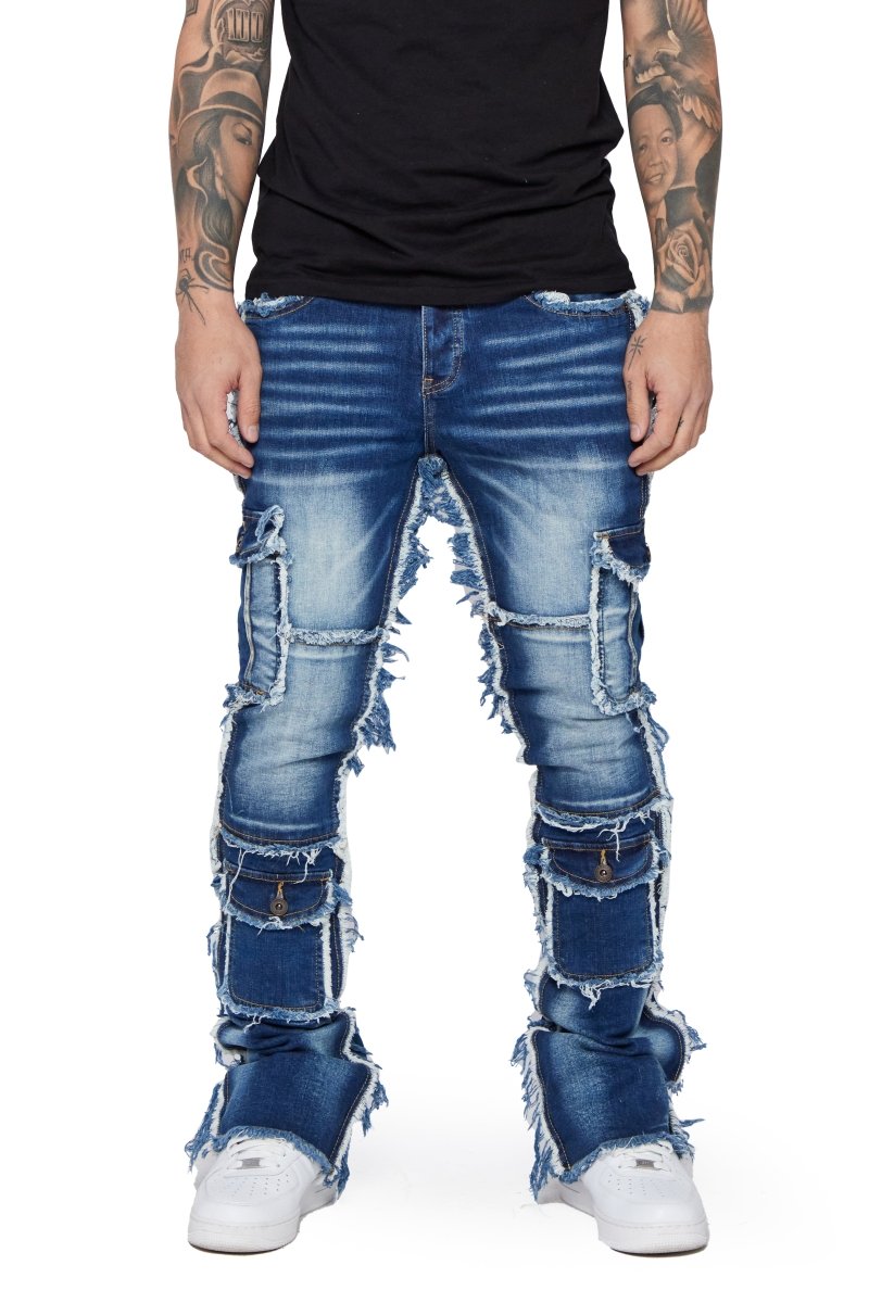 "AERERINE" STACKED FLARE JEAN DARK BLUE WASHED