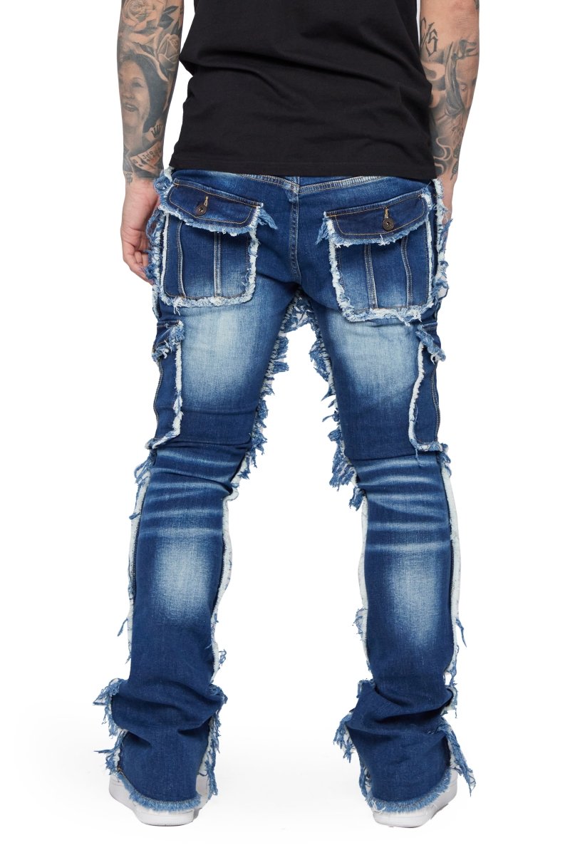 "AERERINE" STACKED FLARE JEAN DARK BLUE WASHED