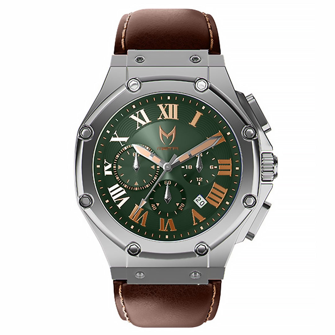 AM1037LB - AMBASSADOR SILVER / GREEN / BROWN LEATHER WATCH