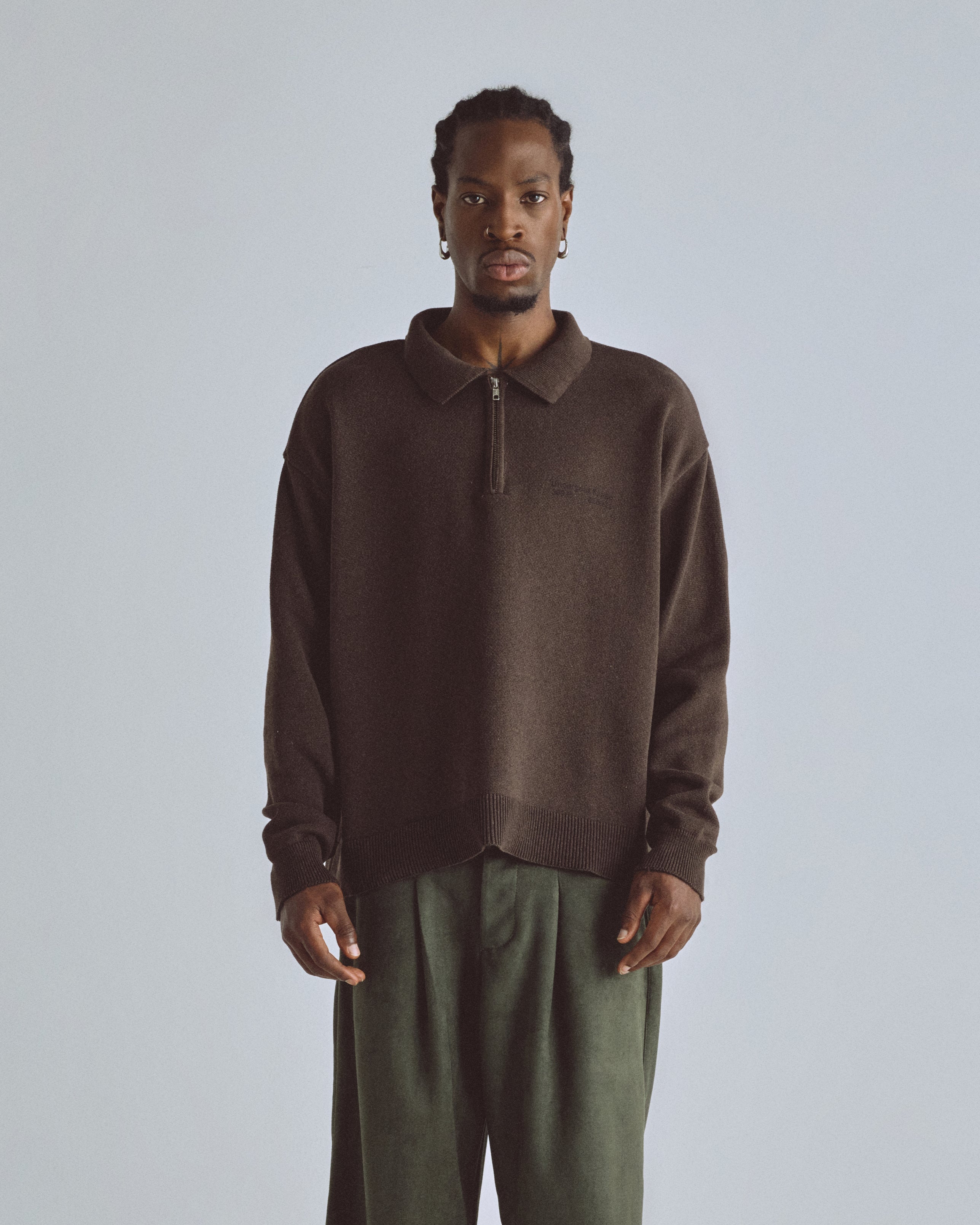 Basics Undergold Studio Knit Zip Up Long Sleeve Polo Shirt Brown