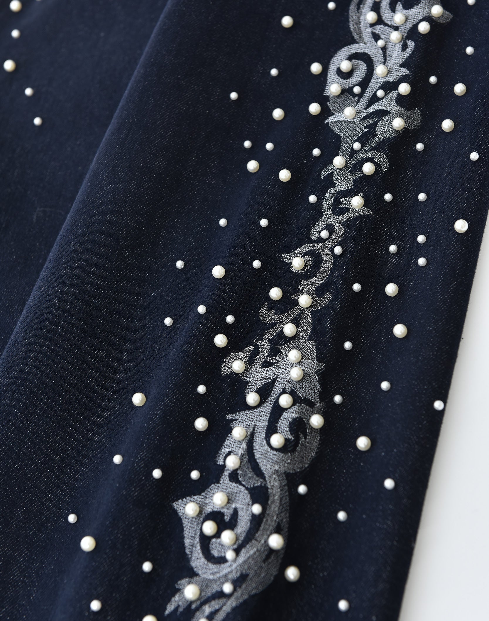 Raw Denim Embroidered Pearl Flared Jeans