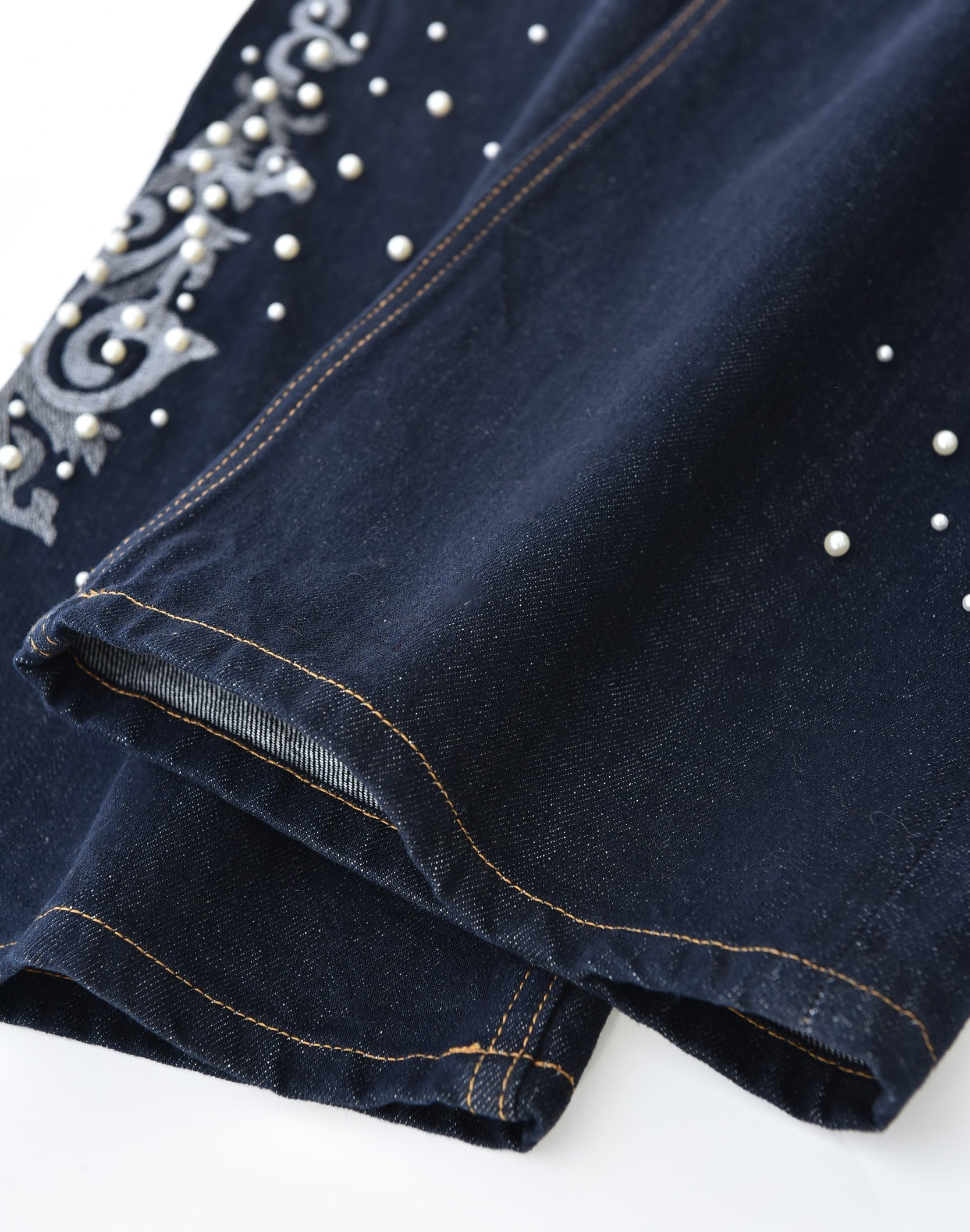 Raw Denim Embroidered Pearl Flared Jeans