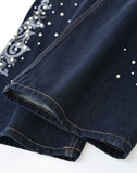 Raw Denim Embroidered Pearl Flared Jeans