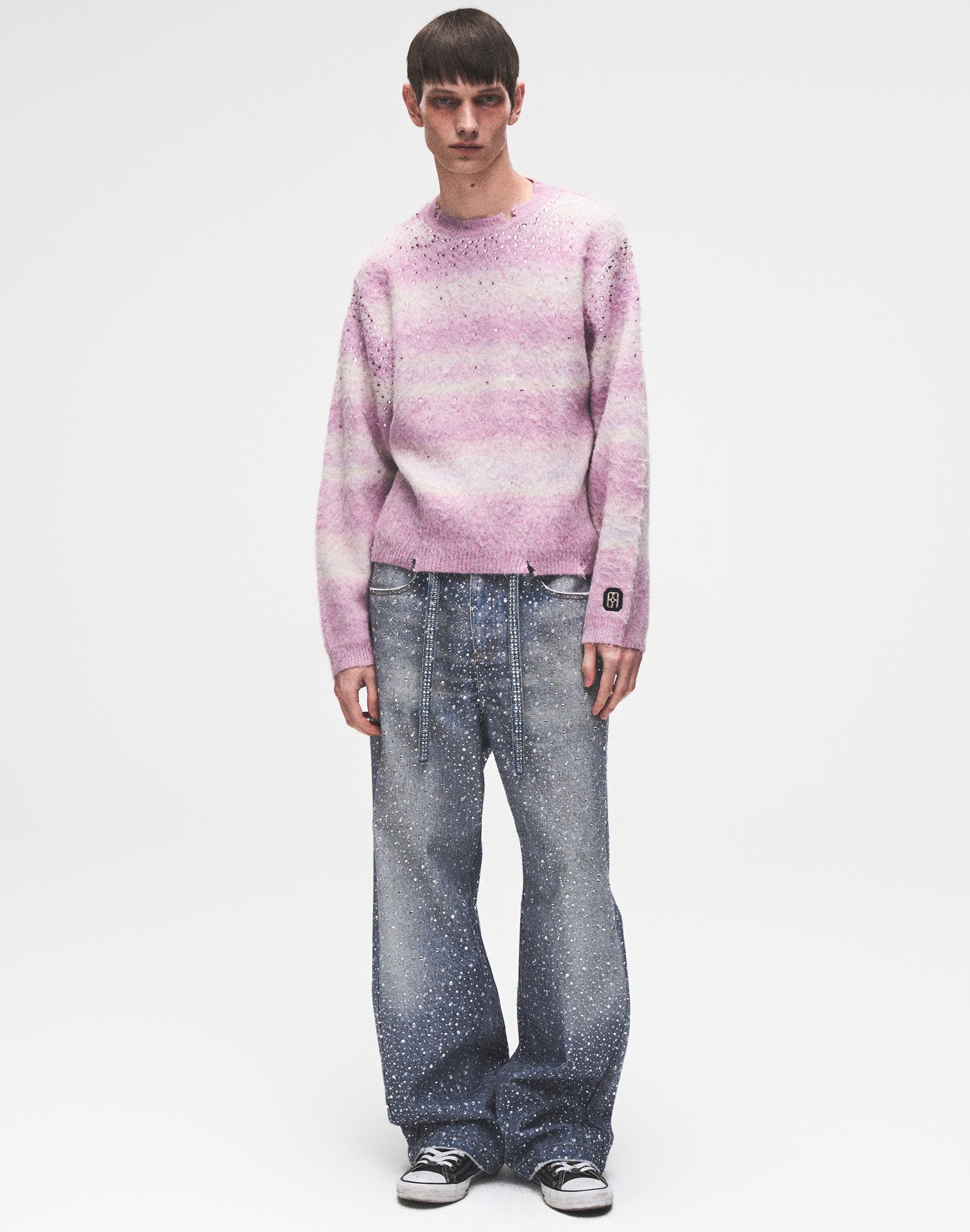 Rhinestone Embellished  Color Block Mohair Sweater in PNK