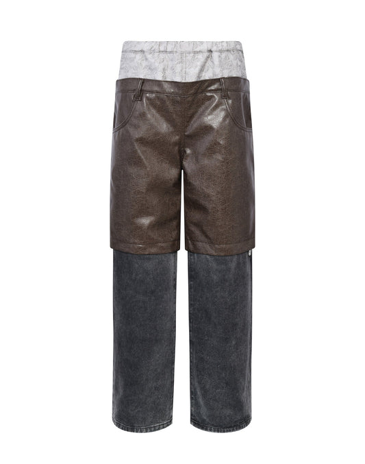 Double Waistband Patchwork Denim (Leather)