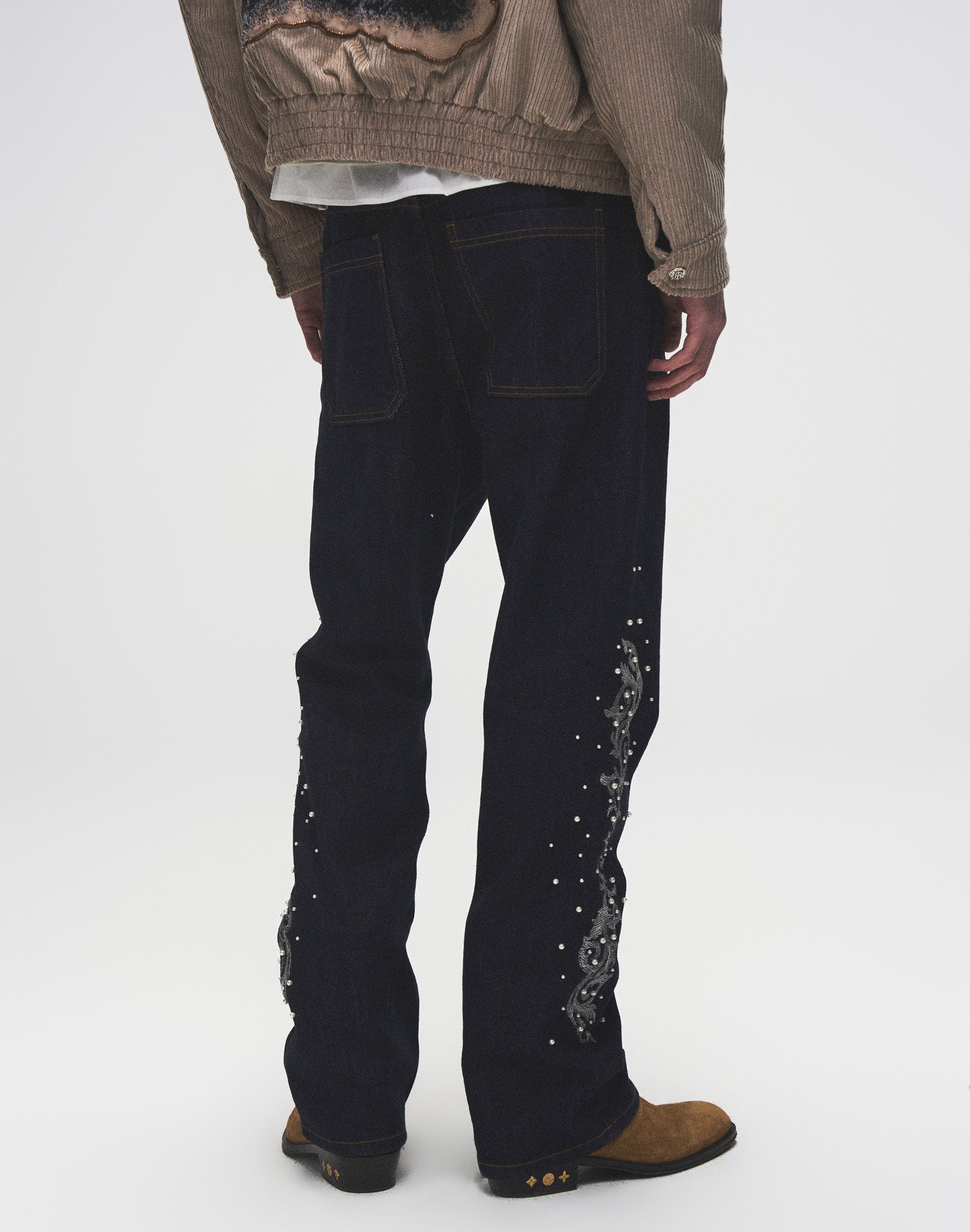 Raw Denim Embroidered Pearl Flared Jeans