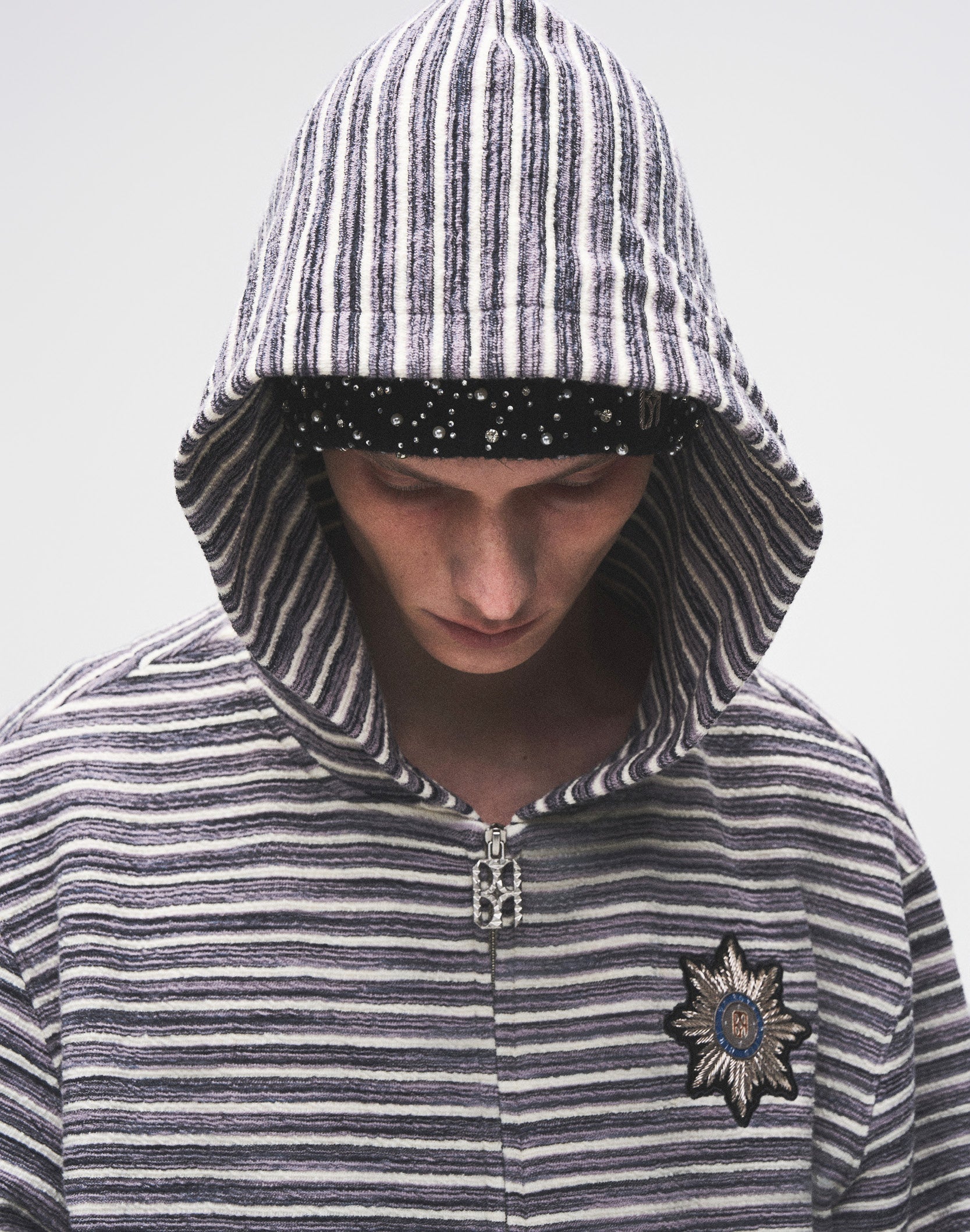 Striped Knit Hoodie in Grey