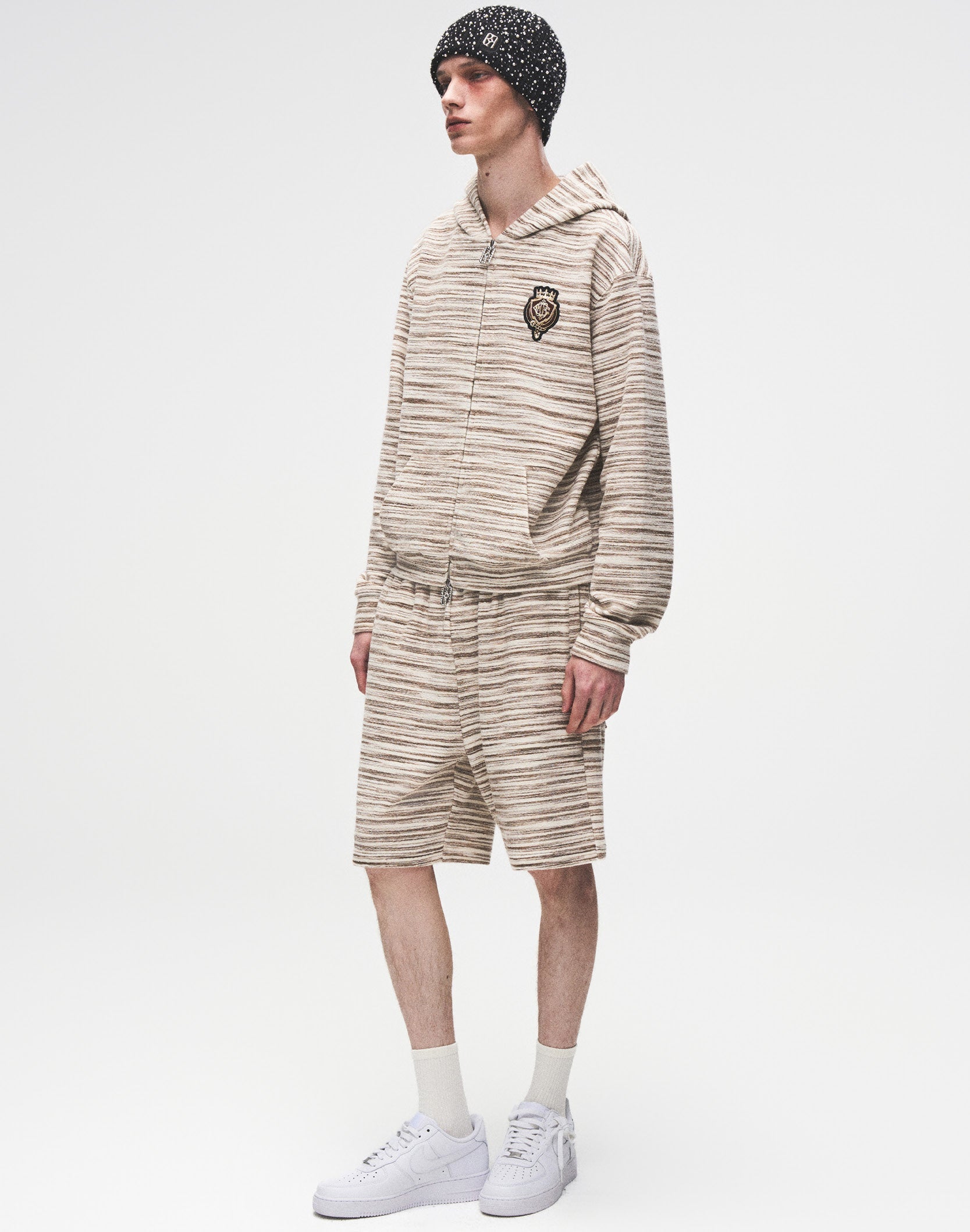 Striped Knit Hoodie in White