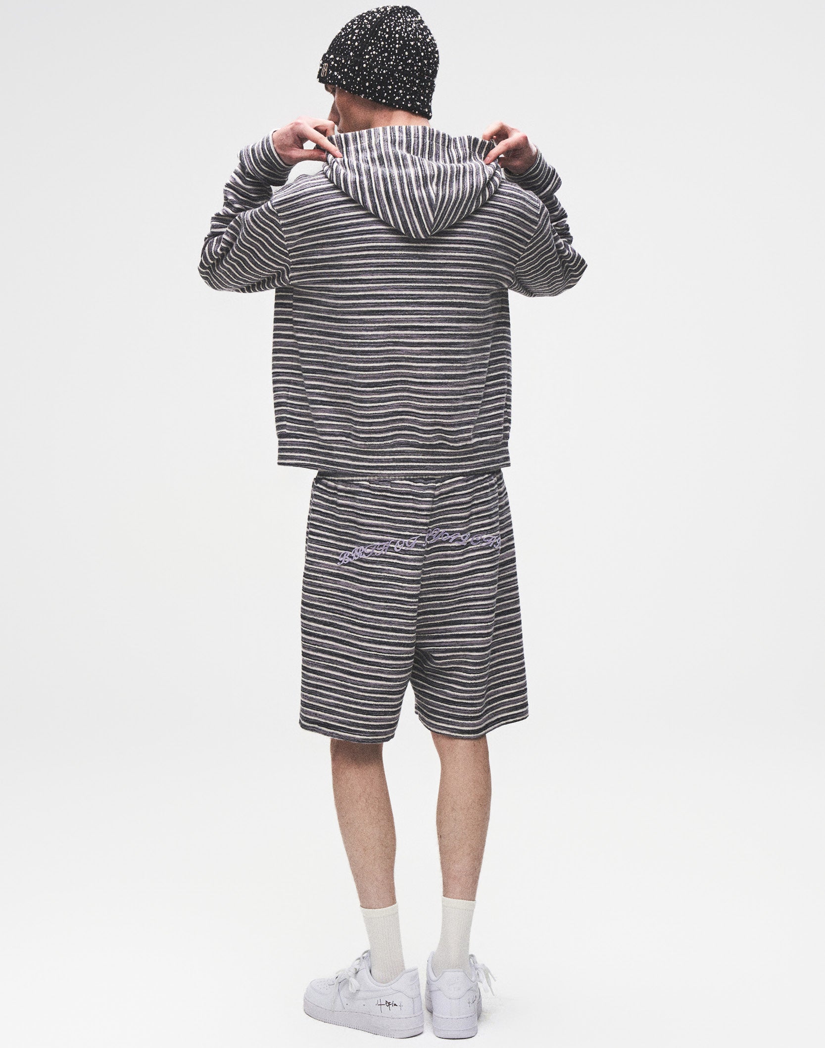 Striped Knit Hoodie in Grey