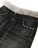Pearl Fur Patchwork Jeans In BLK