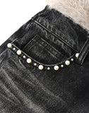 Pearl Fur Patchwork Jeans In BLK