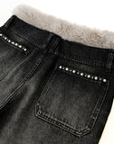 Pearl Fur Patchwork Jeans In BLK